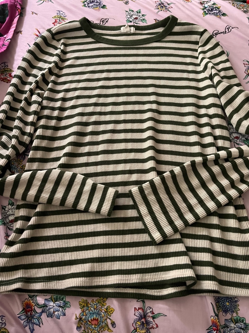 aerie Olive Green & Cream Striped Long-Sleeve Top